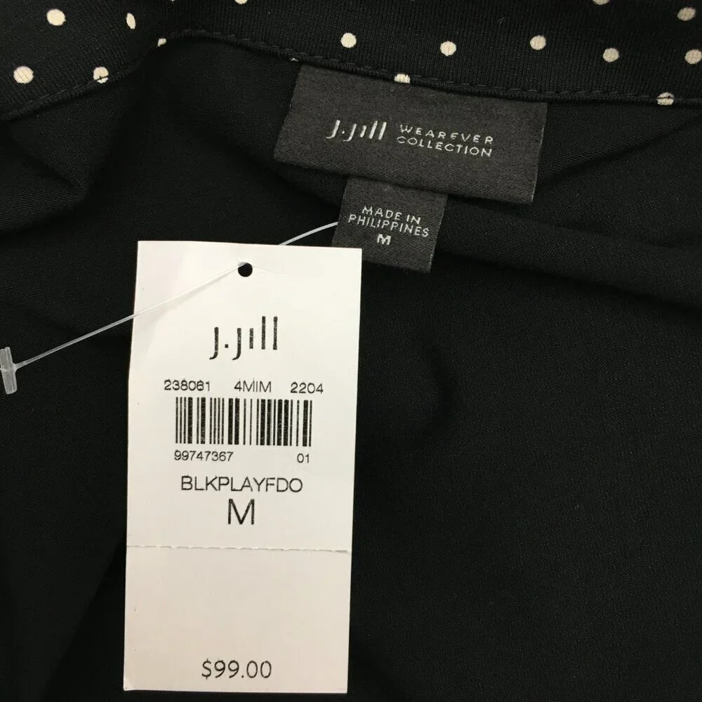 NEW J. Jill Black & White Polka Dot Dress Cap Sleeves Pockets Medium